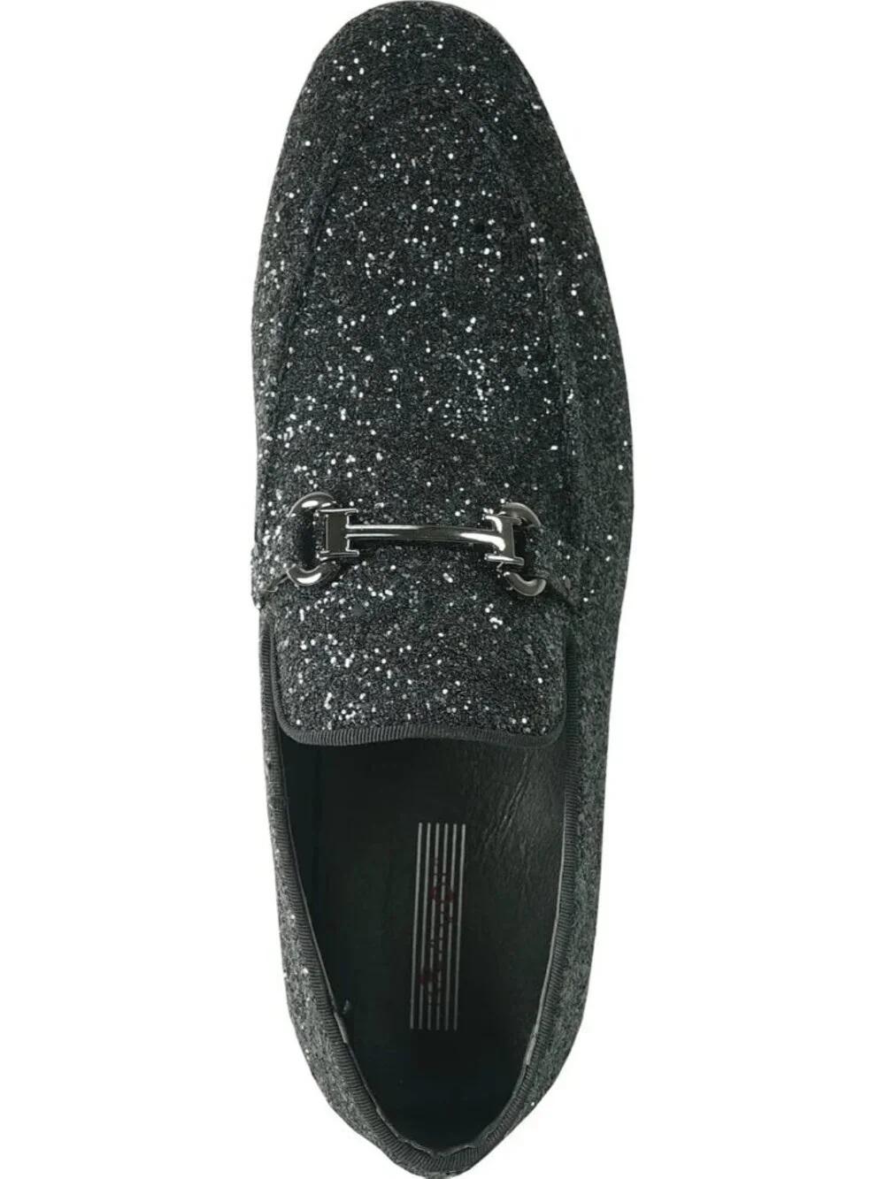 Men's Black Glitter Loafers Metal Buckle Cap Toe Metallic Slip On Party Shoes